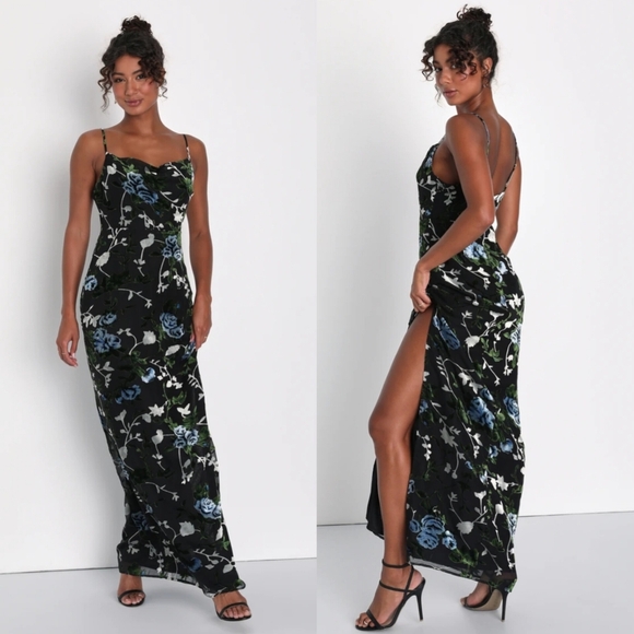Lulus Chic Romantic Black Burnout Velvet Floral Cowl Neck Dress M Wedding Party - Picture 1 of 9